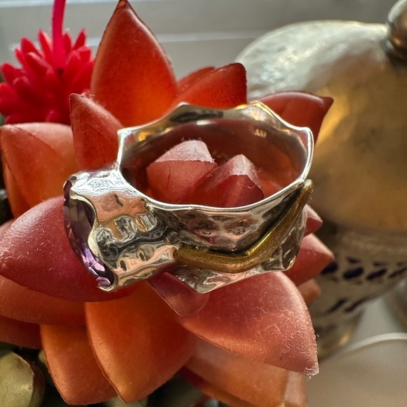 Arya Design Signed 925 Sterling Silver Gold Amethyst Hammered Boho Ring Size 8 - Picture 15 of 16